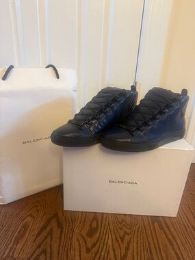 Balenciaga Men's Navy High-Top Leather Sneakers